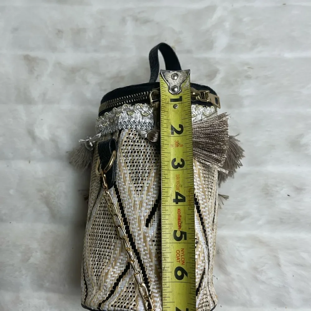 Mini tassels bucket bag beige ,brown and black with gold tone chain strap